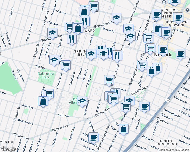map of restaurants, bars, coffee shops, grocery stores, and more near 8 Somerset Street in Newark