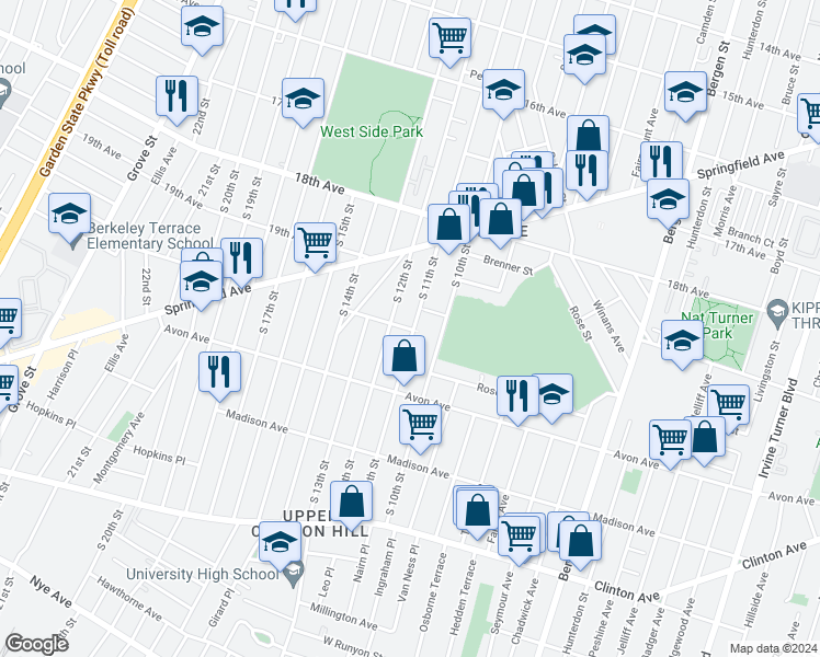 map of restaurants, bars, coffee shops, grocery stores, and more near 690 South 12th Street in Newark