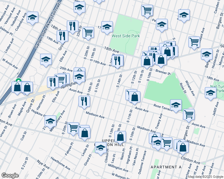 map of restaurants, bars, coffee shops, grocery stores, and more near 716 South 15th Street in Newark