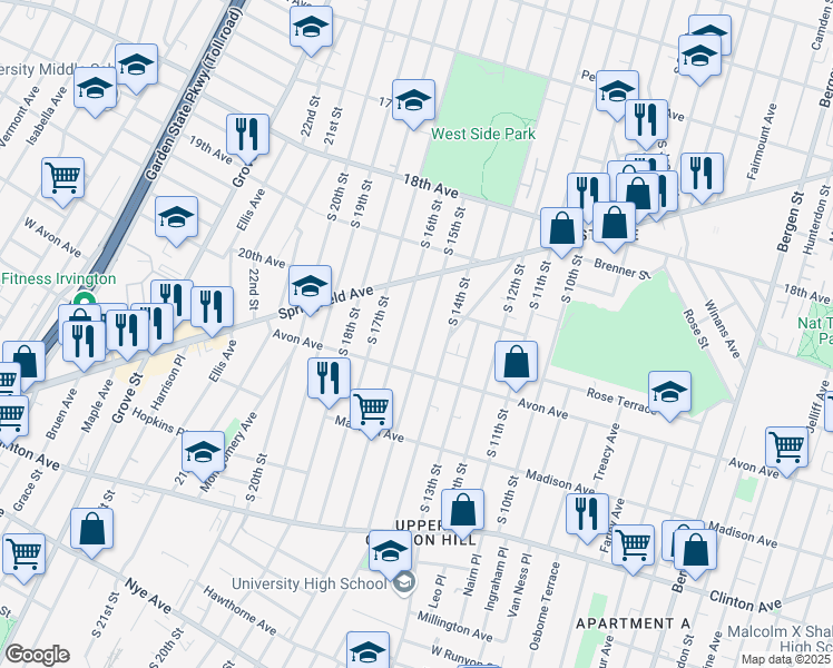 map of restaurants, bars, coffee shops, grocery stores, and more near 747 South 16th Street in Newark