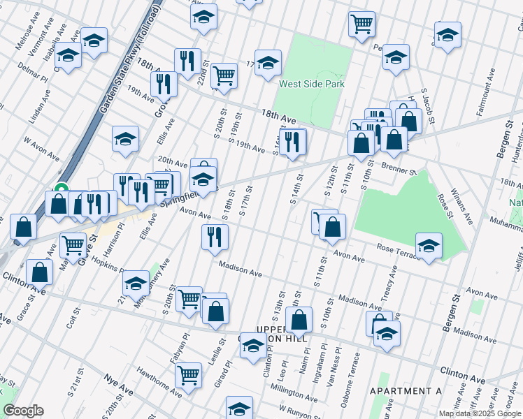 map of restaurants, bars, coffee shops, grocery stores, and more near 747 South 16th Street in Newark