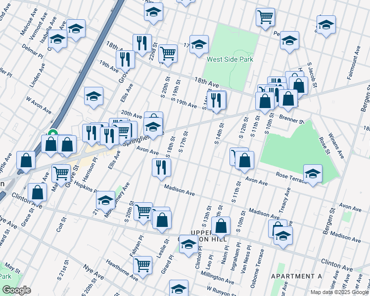 map of restaurants, bars, coffee shops, grocery stores, and more near 747 South 16th Street in Newark
