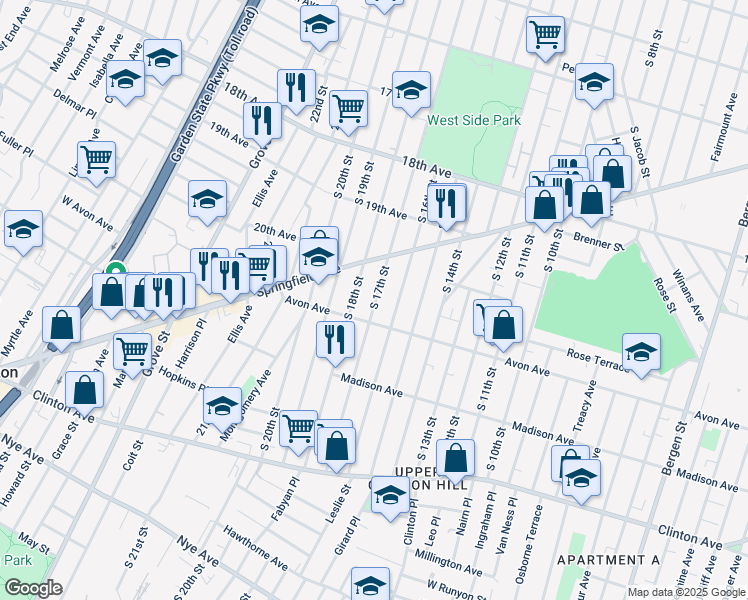 map of restaurants, bars, coffee shops, grocery stores, and more near 762 South 18th Street in Newark