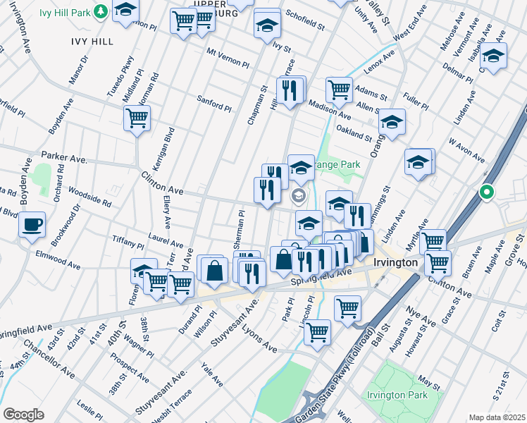 map of restaurants, bars, coffee shops, grocery stores, and more near 513 Stuyvesant Avenue in Irvington