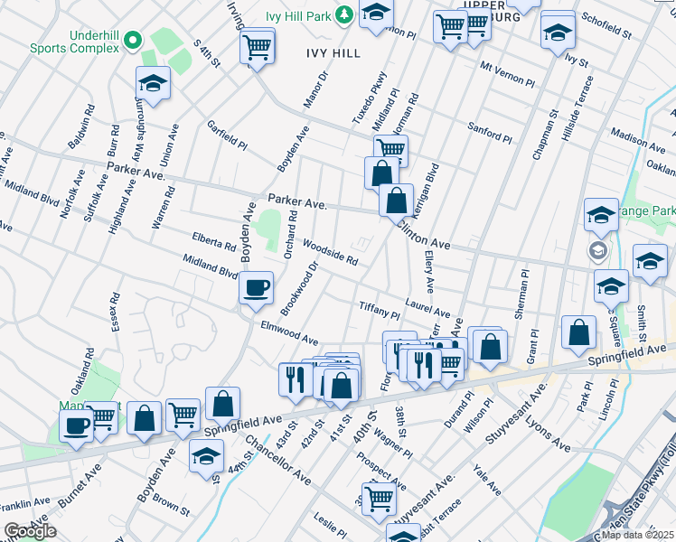 map of restaurants, bars, coffee shops, grocery stores, and more near 89 Woodside Road in Maplewood