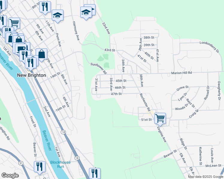 map of restaurants, bars, coffee shops, grocery stores, and more near 3310 45th Street in New Brighton