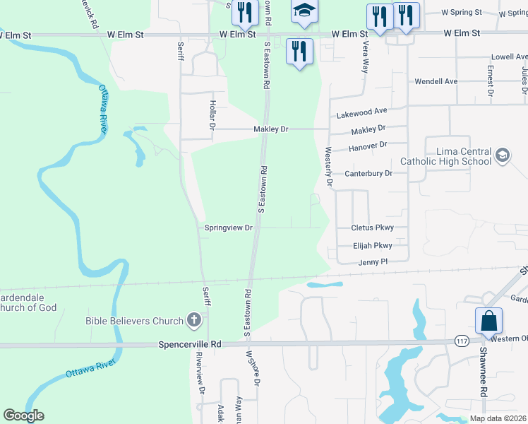 map of restaurants, bars, coffee shops, grocery stores, and more near South Eastown Road in Lima