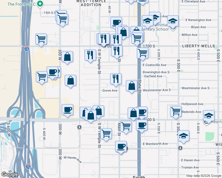 map of restaurants, bars, coffee shops, grocery stores, and more near 32 Grove Avenue in Salt Lake City