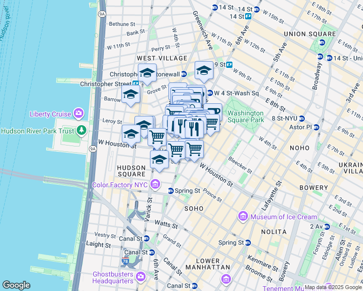 map of restaurants, bars, coffee shops, grocery stores, and more near 176 West Houston Street in New York