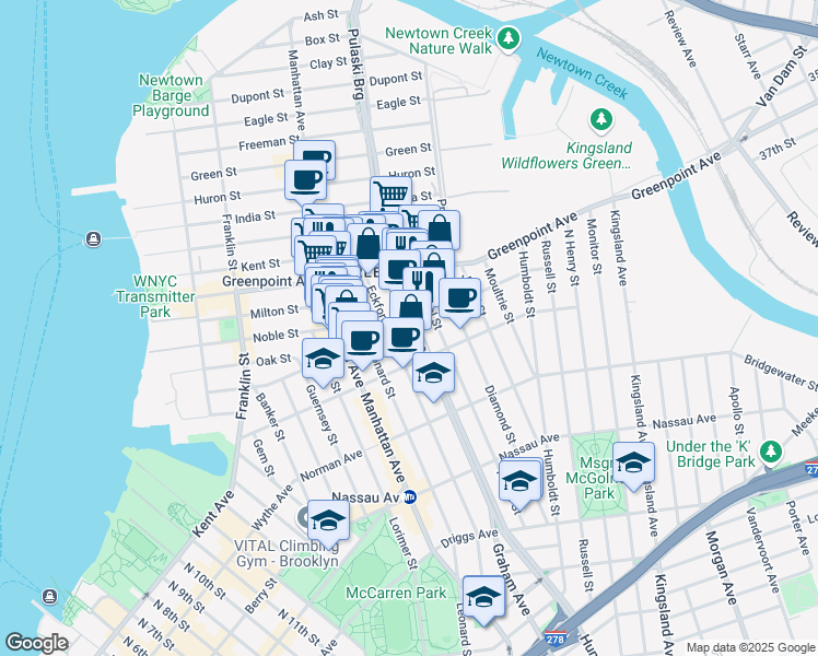 map of restaurants, bars, coffee shops, grocery stores, and more near 222 Calyer Street in Brooklyn
