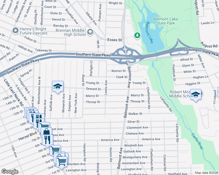 map of restaurants, bars, coffee shops, grocery stores, and more near 191 Young Street in West Babylon