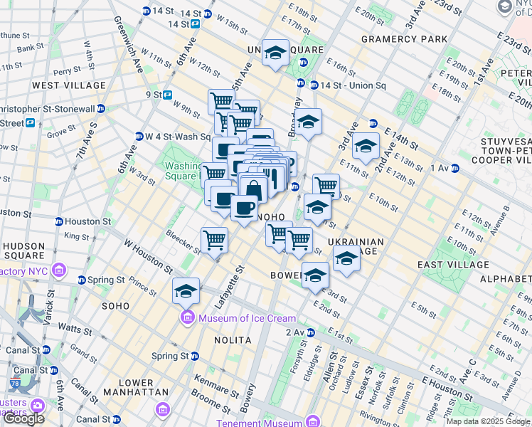 map of restaurants, bars, coffee shops, grocery stores, and more near 725 Broadway in New York
