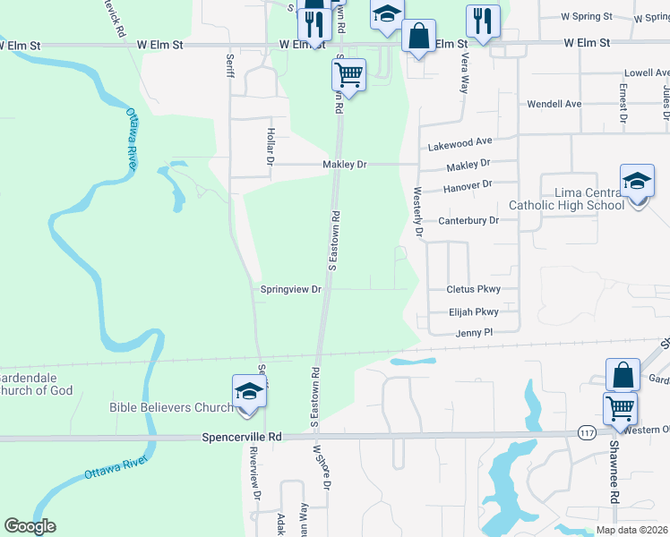 map of restaurants, bars, coffee shops, grocery stores, and more near South Eastown Road in Lima