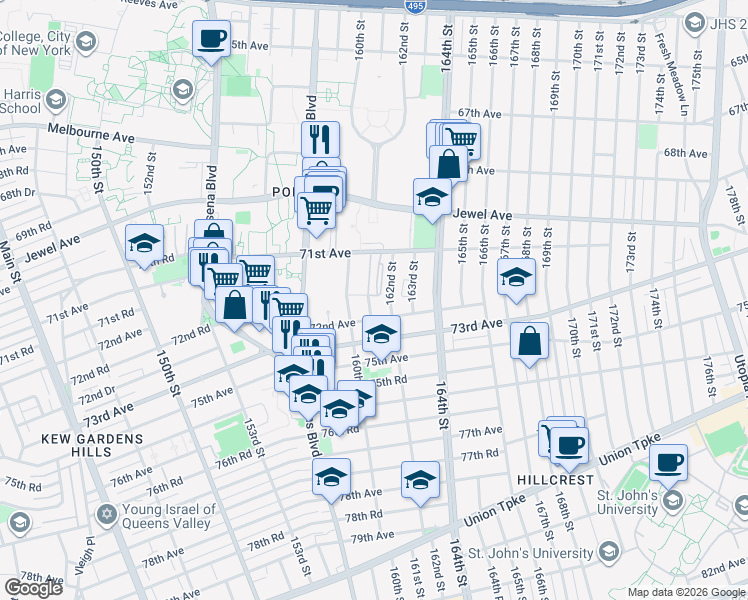 map of restaurants, bars, coffee shops, grocery stores, and more near 71-57 161st Street in Queens