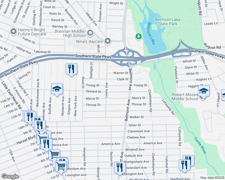 map of restaurants, bars, coffee shops, grocery stores, and more near 191 Young Street in West Babylon