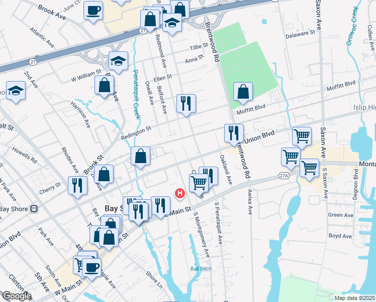 map of restaurants, bars, coffee shops, grocery stores, and more near 50 Penataquit Avenue in Bay Shore