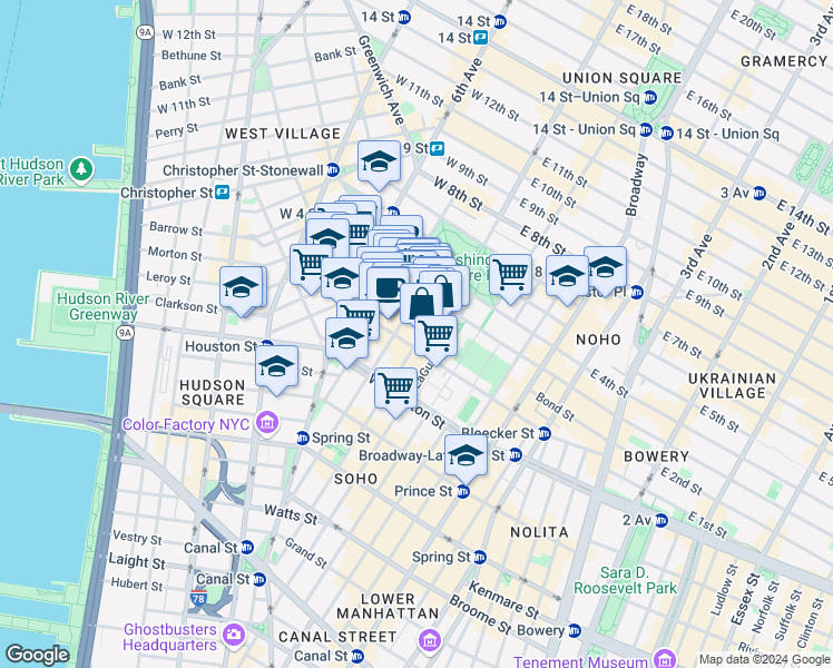 map of restaurants, bars, coffee shops, grocery stores, and more near 155 Bleecker Street in New York