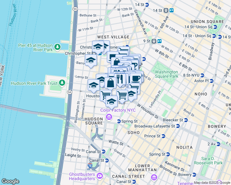 map of restaurants, bars, coffee shops, grocery stores, and more near 214 West Houston Street in New York