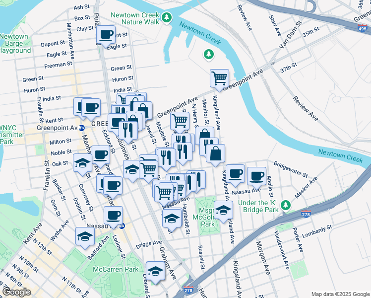 map of restaurants, bars, coffee shops, grocery stores, and more near 810 Humboldt Street in Brooklyn