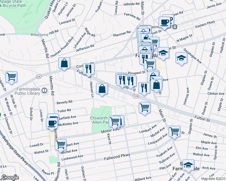 map of restaurants, bars, coffee shops, grocery stores, and more near 474 Fulton Street in Farmingdale