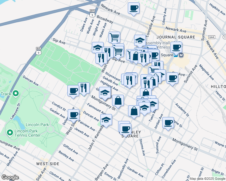 map of restaurants, bars, coffee shops, grocery stores, and more near 98 Dekalb Avenue in Jersey City