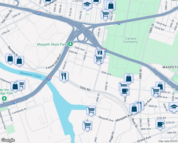 map of restaurants, bars, coffee shops, grocery stores, and more near 46-60 55th Avenue in Queens