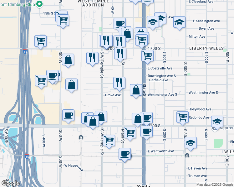 map of restaurants, bars, coffee shops, grocery stores, and more near 16 Grove Avenue in Salt Lake City