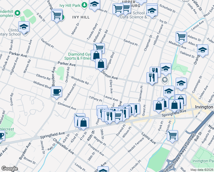 map of restaurants, bars, coffee shops, grocery stores, and more near 58 Ellery Avenue in Irvington