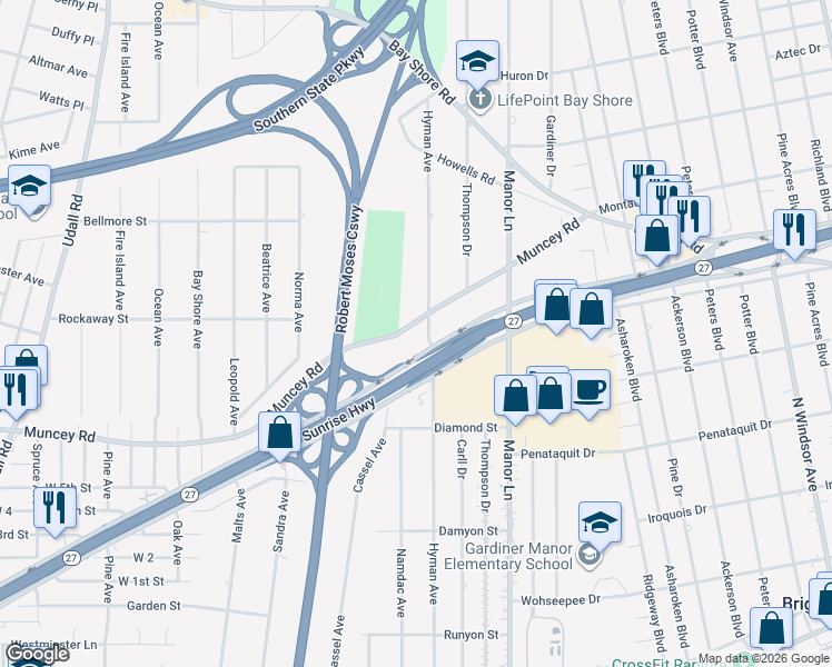 map of restaurants, bars, coffee shops, grocery stores, and more near 59 Muncey Road in Bay Shore