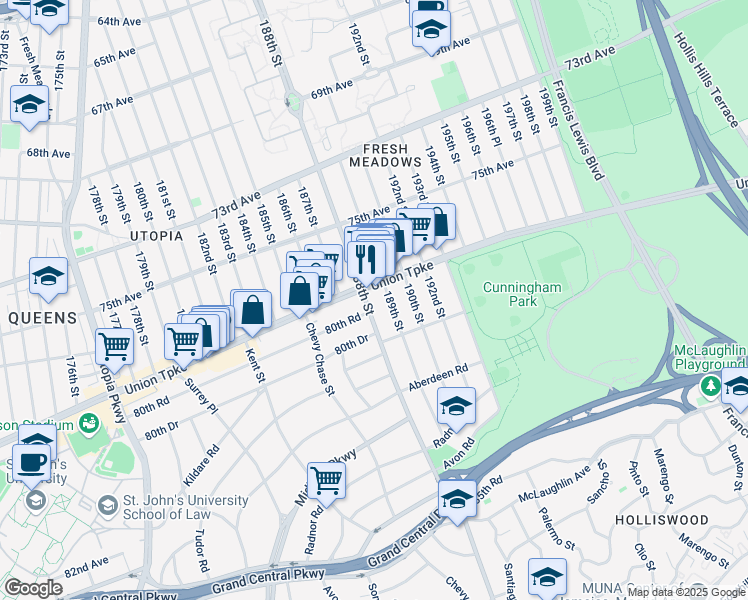 map of restaurants, bars, coffee shops, grocery stores, and more near 80-15 188th Street in Queens