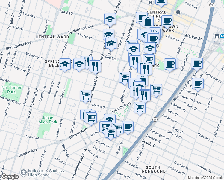 map of restaurants, bars, coffee shops, grocery stores, and more near in Newark