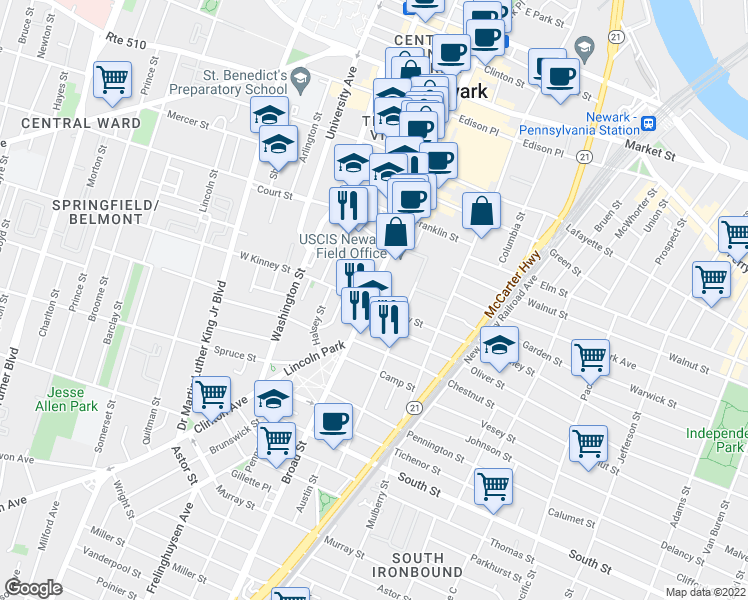 map of restaurants, bars, coffee shops, grocery stores, and more near 999 Broad Street in Newark
