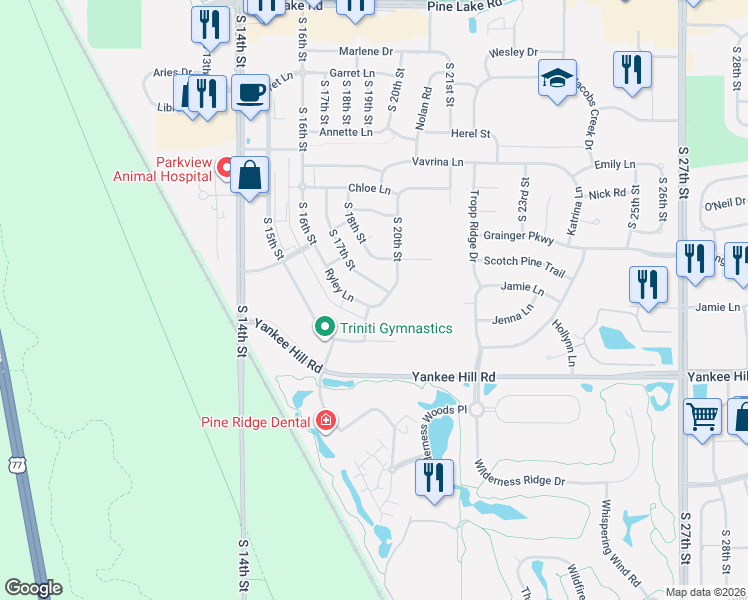 map of restaurants, bars, coffee shops, grocery stores, and more near 8235 South 17th Street in Lincoln