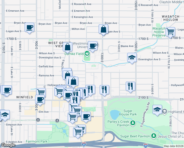map of restaurants, bars, coffee shops, grocery stores, and more near Westminster Avenue in Salt Lake City