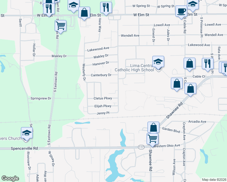 map of restaurants, bars, coffee shops, grocery stores, and more near 2913 Wyngate Court in Lima