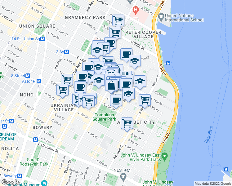 map of restaurants, bars, coffee shops, grocery stores, and more near 206 Avenue A in New York