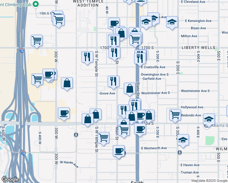 map of restaurants, bars, coffee shops, grocery stores, and more near 1902 South Main Street in Salt Lake City