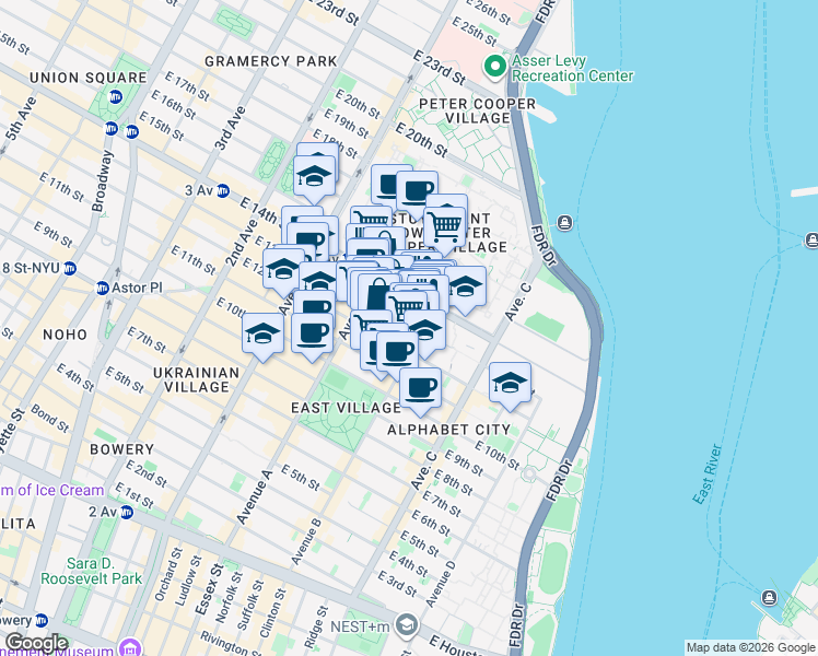 map of restaurants, bars, coffee shops, grocery stores, and more near 544 East 13th Street in New York