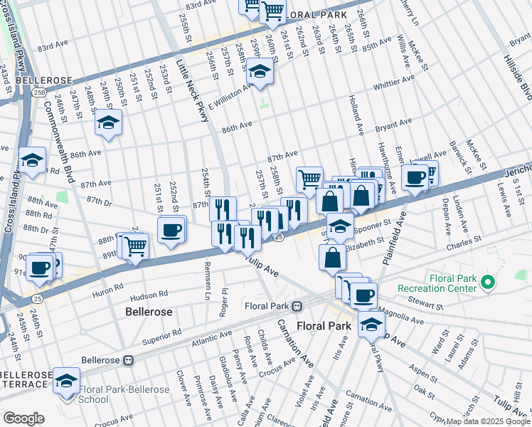 map of restaurants, bars, coffee shops, grocery stores, and more near 256-15 87th Road in Queens
