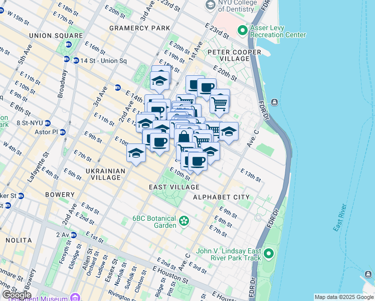 map of restaurants, bars, coffee shops, grocery stores, and more near 515 East 13th Street in New York