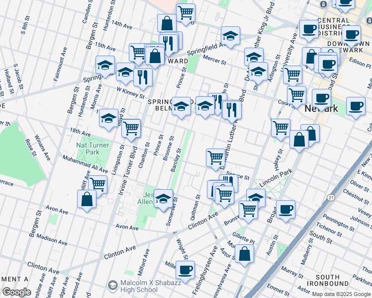 map of restaurants, bars, coffee shops, grocery stores, and more near 25-49 Somerset Street in Newark