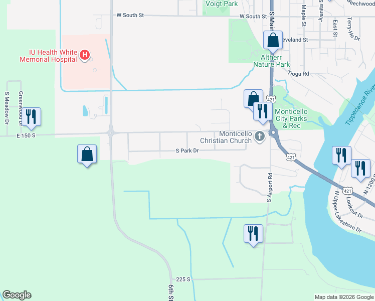 map of restaurants, bars, coffee shops, grocery stores, and more near 1001 Melody Drive in Monticello