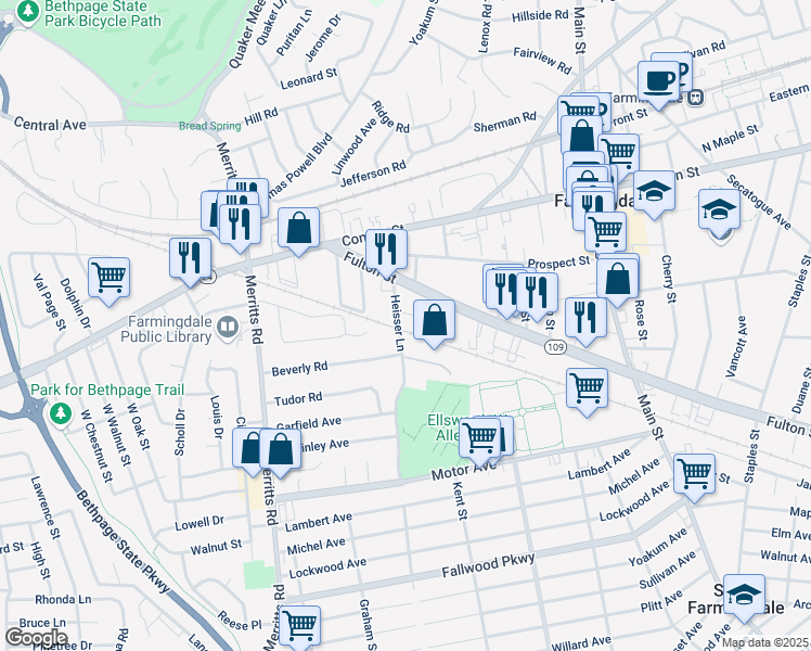 map of restaurants, bars, coffee shops, grocery stores, and more near 35 Heisser Lane in Farmingdale