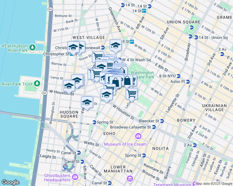map of restaurants, bars, coffee shops, grocery stores, and more near 190 Bleecker Street in New York