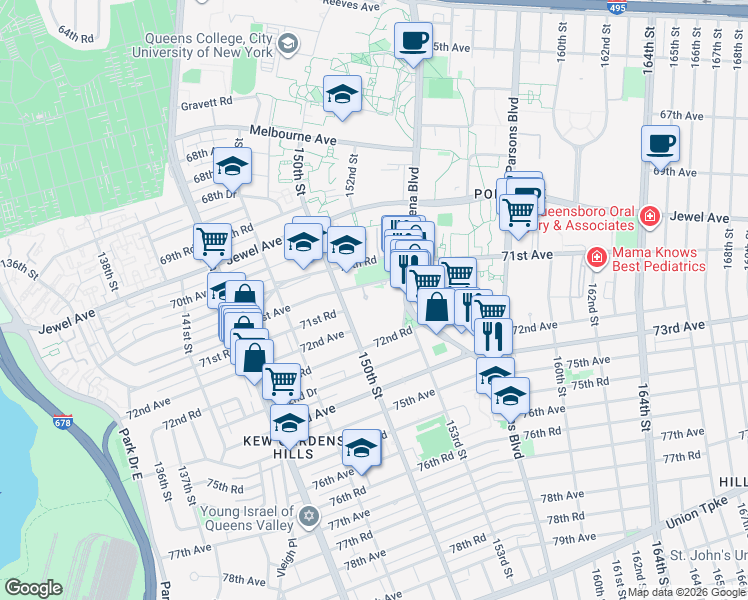 map of restaurants, bars, coffee shops, grocery stores, and more near 150-40 71st Avenue in Queens