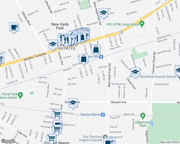 map of restaurants, bars, coffee shops, grocery stores, and more near 310 South 11th Street in New Hyde Park