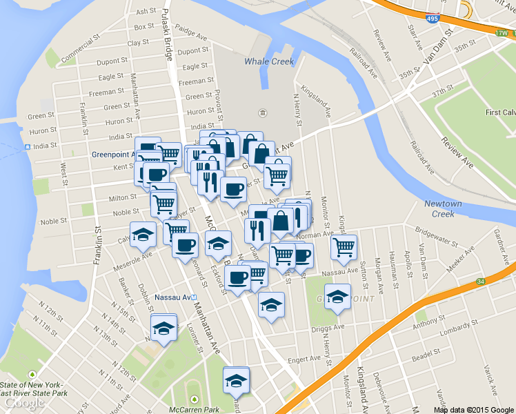 map of restaurants, bars, coffee shops, grocery stores, and more near 221 Meserole Avenue in Brooklyn
