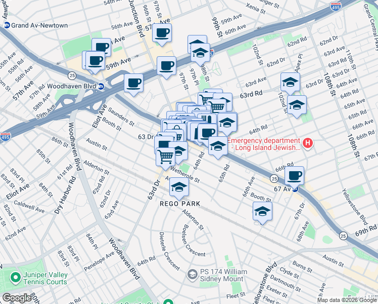 map of restaurants, bars, coffee shops, grocery stores, and more near Saunders Street in Queens