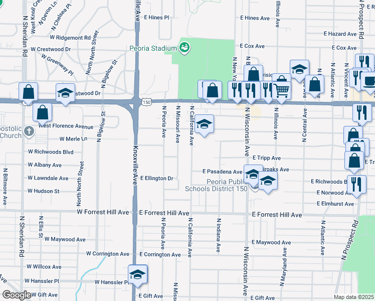 map of restaurants, bars, coffee shops, grocery stores, and more near 3409 North California Avenue in Peoria