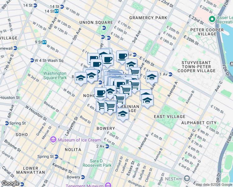 map of restaurants, bars, coffee shops, grocery stores, and more near 22 Saint Marks Place in New York